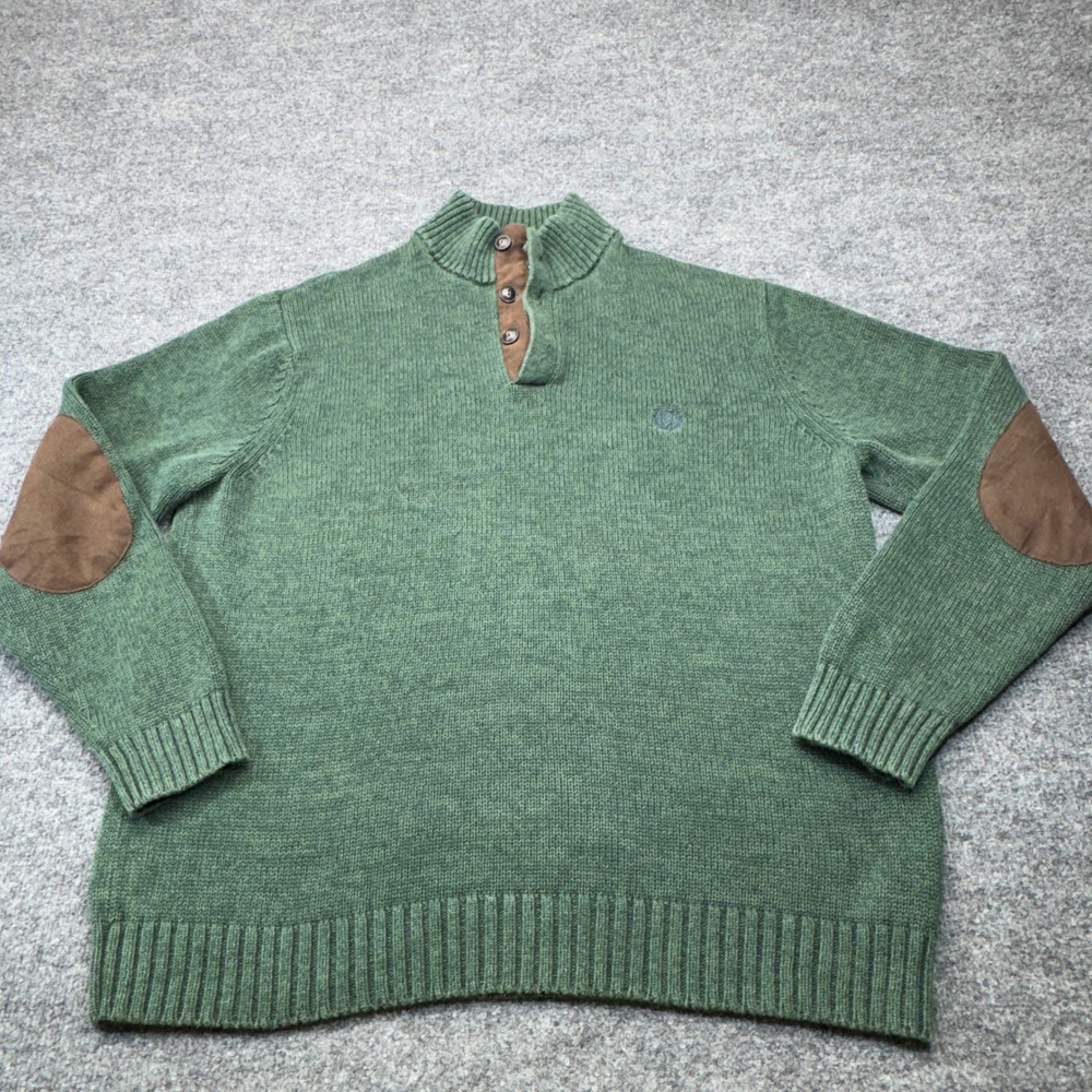 Chaps Sweater Mens XL Green Elbow Patch Mock Neck Button Pullover Preppy